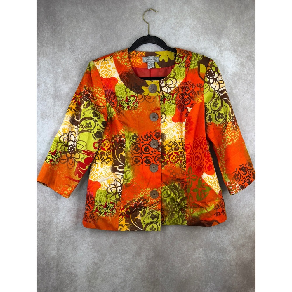 Birch Hill Jacket Womens L Orange Multi Floral Patchwork Button Front Boho Fall